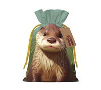 Burlap Santa Sack with Tags, Yellow Christmas Ribbon Holiday Gift Wrap Bag Reusable Drawstring Gift Bag Cute otter Gift Wrapping Bags Personalized Christmas Sacks for Presents Small