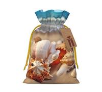 Burlap Santa Sack with Tags, Yellow Christmas Ribbon Holiday Gift Wrap Bag Reusable Drawstring Gift Bag Seashells on the sandy beach Gift Wrapping Bags Personalized Christmas Sacks for Presents Small