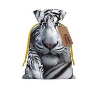 Burlap Santa Sack with Tags, Yellow Christmas Ribbon Holiday Gift Wrap Bag Reusable Drawstring Gift Bag White Tiger Gift Wrapping Bags Personalized Christmas Sacks for Presents Medium