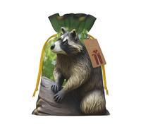 Burlap Santa Sack with Tags, Yellow Christmas Ribbon Holiday Gift Wrap Bag Reusable Drawstring Gift Bag Raccoon Statue Gift Wrapping Bags Personalized Christmas Sacks for Presents Small