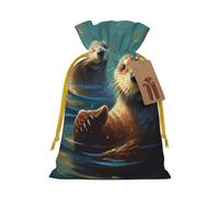 Burlap Santa Sack with Tags, Yellow Christmas Ribbon Holiday Gift Wrap Bag Reusable Drawstring Gift Bag Sea Otters Painting Gift Wrapping Bags Personalized Christmas Sacks for Presents Medium