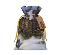 Burlap Santa Sack with Tags, Yellow Christmas Ribbon Holiday Gift Wrap Bag Reusable Drawstring Gift Bag Wooden Rustic Log Cottage Scenery Gift Wrapping Bags Personalized Christmas Sacks for Presents