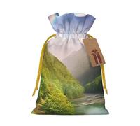 Burlap Santa Sack with Tags, Yellow Christmas Ribbon Holiday Gift Wrap Bag Reusable Drawstring Gift Bag Mountain Valley with Rainbow Gift Wrapping Bags Personalized Christmas Sacks for Presents Medium