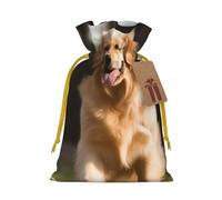 Burlap Santa Sack with Tags, Yellow Christmas Ribbon Holiday Gift Wrap Bag Reusable Drawstring Gift Bag Golden Retriever Dog Gift Wrapping Bags Personalized Christmas Sacks for Presents Small