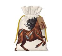 Burlap Santa Sack with Tags, Yellow Christmas Ribbon Holiday Gift Wrap Bag Reusable Drawstring Gift Bag Brown Horse Gift Wrapping Bags Personalized Christmas Sacks for Presents Medium