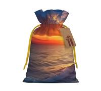 Burlap Santa Sack with Tags, Yellow Christmas Ribbon Holiday Gift Wrap Bag Reusable Drawstring Gift Bag Sea and sunset Gift Wrapping Bags Personalized Christmas Sacks for Presents Medium