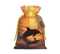 Burlap Santa Sack with Tags, Yellow Christmas Ribbon Holiday Gift Wrap Bag Reusable Drawstring Gift Bag Dolphin and sunset Gift Wrapping Bags Personalized Christmas Sacks for Presents Small