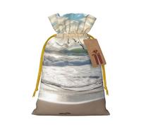 Burlap Santa Sack with Tags, Yellow Christmas Ribbon Holiday Gift Wrap Bag Reusable Drawstring Gift Bag Waves on The Beach with Sea Birds Gift Wrapping Bags Personalized Christmas Sacks for Presents