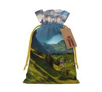 Burlap Santa Sack with Tags, Yellow Christmas Ribbon Holiday Gift Wrap Bag Reusable Drawstring Gift Bag Switzerland Alps Gift Wrapping Bags Personalized Christmas Sacks for Presents Medium