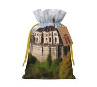 Burlap Santa Sack with Tags, Yellow Christmas Ribbon Holiday Gift Wrap Bag Reusable Drawstring Gift Bag Historical monuments of Armenia Gift Wrapping Bags Personalized Christmas Sacks for Presents