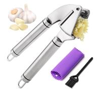 BURLIHOME Garlic Press Mincer, 304 Stainless Steel Garlic Press with Garlic Peeler Tube, Heavy Duty Metal Ginger Press, Silver