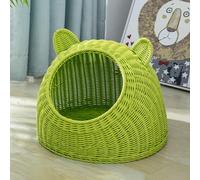 BURLOE Wicker Wicker Plastic Cat Bed for Domestic Cats, Cute Cat Ear Cat Bed Cave Handwoven Semi-Closed Cat House Rattan,Green,29cm