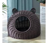 BURLOE Wicker Wicker Plastic Cat Bed for Domestic Cats, Cute Cat Ear Cat Bed Cave Handwoven Semi-Closed Cat House Rattan,Brown,29cm