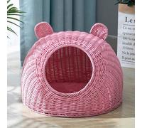 BURLOE Wicker Wicker Plastic Cat Bed for Domestic Cats, Cute Cat Ear Cat Bed Cave Handwoven Semi-Closed Cat House Rattan,Pink,22cm