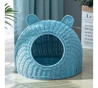BURLOE Wicker Wicker Plastic Cat Bed for Domestic Cats, Cute Cat Ear Cat Bed Cave Handwoven Semi-Closed Cat House Rattan,Blue,25cm