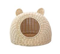 BURLOE Wicker Wicker Plastic Cat Bed for Domestic Cats, Cute Cat Ear Cat Bed Cave Handwoven Semi-Closed Cat House Rattan,Beige,29cm
