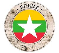 Burma Flag Metal Sign Wall Art Burma Country Souvenir Gift Vintage Metal Wall Decor National Flag Round Welcome Sign Quality Metal Sign for Front Porch Living Room Bedroom 9x9in