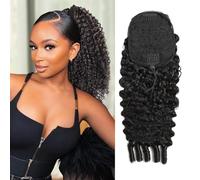 Burmese Curly Ponytail Extensions Human Hair 3C4A Unprocessed Burmese Raw Human Hair Ponytail for Women Natural Color Clip Ins Drawstring Hair Pieces with Spiral Curls 14 Inch