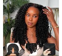 Burmese Curly V Part Wig Human Hair Upgrade Curly U Part Human Hair Wigs with Drawstring and Spiral End Glueless Clip in Half Wigs for Black Women No Leave Out Natural Black 16Inch