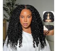 Burmese Curly V Part Wigs Human Hair 200% Density Upgrade U Part Human Hair Wigs with Drawstring and Spiral End Glueless Clip in Half Wigs for Black Women No Leave Out Natural Black 18Inch