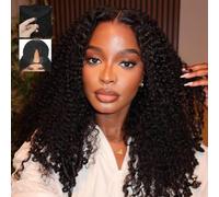 Burmese Curly V Part Wigs Human Hair 200% Density Upgrade U Part Human Hair Wigs with Drawstring and Spiral End Glueless Clip in Half Wigs for Black Women No Leave Out Natural Black 26Inch
