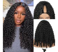 Burmese Curly V Part Wigs Human Hair Upgrade U Part Human Hair Wigs with Drawstring and Spiral End Glueless Clip in Half Wigs for Black Women No Leave Out Natural Black 20Inch