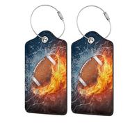 Burning American Football in Fire,Luggage Tags Pu Leather Name Tag Travel Suitcase Identifier ID Tags Durable Luggage Label 2 pcs