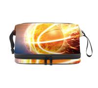 Burning Basketball Glowing Lights Double Layer Cosmetic Bag for Women and Girls, Travel Toiletry Bag Makeup Handy Pouch Organiser Bag with Brush Compartment