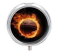 Burning Basketball Pictures Round Pill Box 3 Compartment Medicine Pill Organizer with Mirror Travel Small Pill Case Cute Vitamin Organizer Portable Daily Pill Container for Pocket Purse