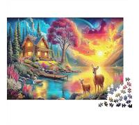 Burning Cloud Garden 1000 Piece Thick Cardboard Jigsaw Puzzle for Adults And Teens 12-18 Years Cottage Lake & Deer Family Puzzle Lovers Senior Enthusiasts Indoor Leisure Relaxation 52x38cm/1000pcs