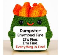 Burning Crochet Dumpster Fire, Woollen Funny Stress Relief Desk Toy, Mood Booster with “It’s Fine, Everything is Fine” Sign, Humorous Gift for Colleague Novelty Gag Birthday Present. Emotional Support