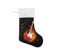 Burning Fire Flaming Guitar with Music Notes Fireworks on Black 1 PC Christmas Stockings, Large Burlap Plush Faux Fur Cuff 18"x8" Stockings for Bed Stairs Fireplace Xmas Tree Party Accessory
