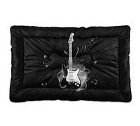 Burning Fire Flaming Guitar with Music Notes Fireworks on Black Dog Cat Bed Mat, Soft Crate Pad Mattress Cushion for Small Medium Pets, Anti Slip Sleeping Kennel Mat Washable & Dry 24x18 inch