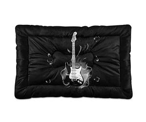 Burning Fire Flaming Guitar with Music Notes Fireworks on Black Dog Cat Bed Mat, Soft Crate Pad Mattress Cushion for Small Medium Pets, Anti Slip Sleeping Kennel Mat Washable & Dry 36x24 inch