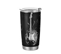 Burning Fire Flaming Guitar with Music Notes Fireworks on Black Tumbler with Lid and Straw, BPA-Free Vacuum Insulated Thermal Coffee Mug 20oz,Stainless Steel Double Wall Travel Cup Water Bottle