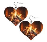 Burning Firewood Large Fireplace Leather Earrings for Women Heart Dangle Earrings Lightweight Drop Earring Jewelry Gift