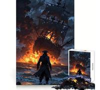 Burning Ship And Pirate on Shore Adult Jigsaw1000 Pieces Thought Challenge Slow Leisure Cut Precisely Thoughtful Gift (38x52cm)