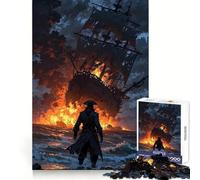 Burning Ship And Pirate on Shore Teenagers 1000 Piece Jigsaw Puzzle Strategic Think Easy Relaxation Precise Fit Festive Gift (38x26cm)