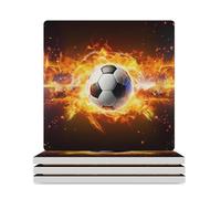 Burning Soccer Ball Square Ceramic Stone Coaster Absorbent Drink Coaster with Cork Base Heat-Resistant Beverage Cup Mats for Hot Cold Drinks Bar Home Office Table Decor