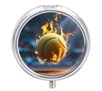 Burning Tennis Pictures Pill Box, Round Pill Organizer 3 Compartment | Compact Medicine Organizer Box with Mirror, Portable Vitamin Container for Travel, Wide Mouth for Easy Access