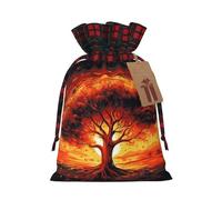 Burning Tree of Life Christmas Gift Bags with Tags & Ribbon Ties, Xmas Drawstring Candy Treat Bag Buffalo Plaid Christmas Gifts Sacks Reusable Gift Wrapping Bags for Holiday Party Favors Small