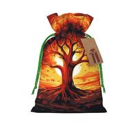 Burning Tree of Life Christmas Gift Bags with Tags & Ribbon Ties, Xmas Drawstring Candy Treat Bag Christmas Gifts Sacks Reusable Gift Wrapping Bags for Holiday Party Favors Small