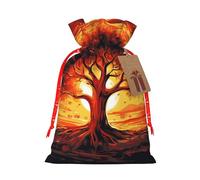 Burning Tree of Life Christmas Gift Bags with Tags & Ribbon Ties, Xmas Drawstring Candy Treat Bag Christmas Gifts Sacks Reusable Gift Wrapping Bags for Holiday Party Favors Small