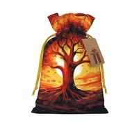 Burning Tree of Life Christmas Gift Bags with Tags & Ribbon Ties, Xmas Drawstring Candy Treat Bag Christmas Gifts Sacks Reusable Gift Wrapping Bags for Holiday Party Favors Medium