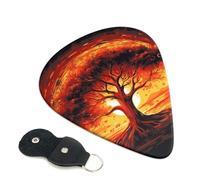 Burning Tree of Life Guitar Picks 6 Pcs, 0.96mm Thickness Celluloid Plectrum with Leather Picks Holder, Personalized Guitar Pick for Bass Electric Acoustic Guitars Lovers Gift