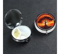 Burning Tree of Life Pill Box 3 Compartment Round Portable Pill Case for Pocket or Purse Small Weekly Medicine Planner Travel Pillbox with Mirror Decorative Metal Vitamin Holder Gifts