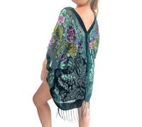 Burnout Velvet Peacock Design Kimono, Duster, Dressing Gown, Beach Cover up Green