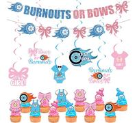 Burnouts Bows Gender Reveal Decorations - 20 Pcs Blue and Pink Banners Hanging Swirls Cupcake Toppers Car Wheel Bow Decoration for Girl Boy Gender Reveal Baby Shower Welcome Home Party Decor Supplies