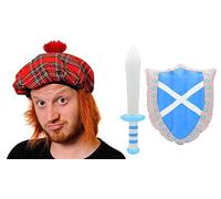 Burns Night Accessory Set - Tam O’ Shanter Hat with Attached Ginger Hair + Inflatable Scottish Flag Sword & Shield - Fun Scotland Fancy Dress Kit for Burns Supper, St Andrew’s Day, Hogmanay & Parties
