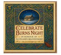 Burns Night Card - Celebrate Burns Night, In Honour of Scotland’s Beloved Bard - Celtic Knot and Thistle Border, Winter Cottage and Bagpipes Scottish Greeting Card